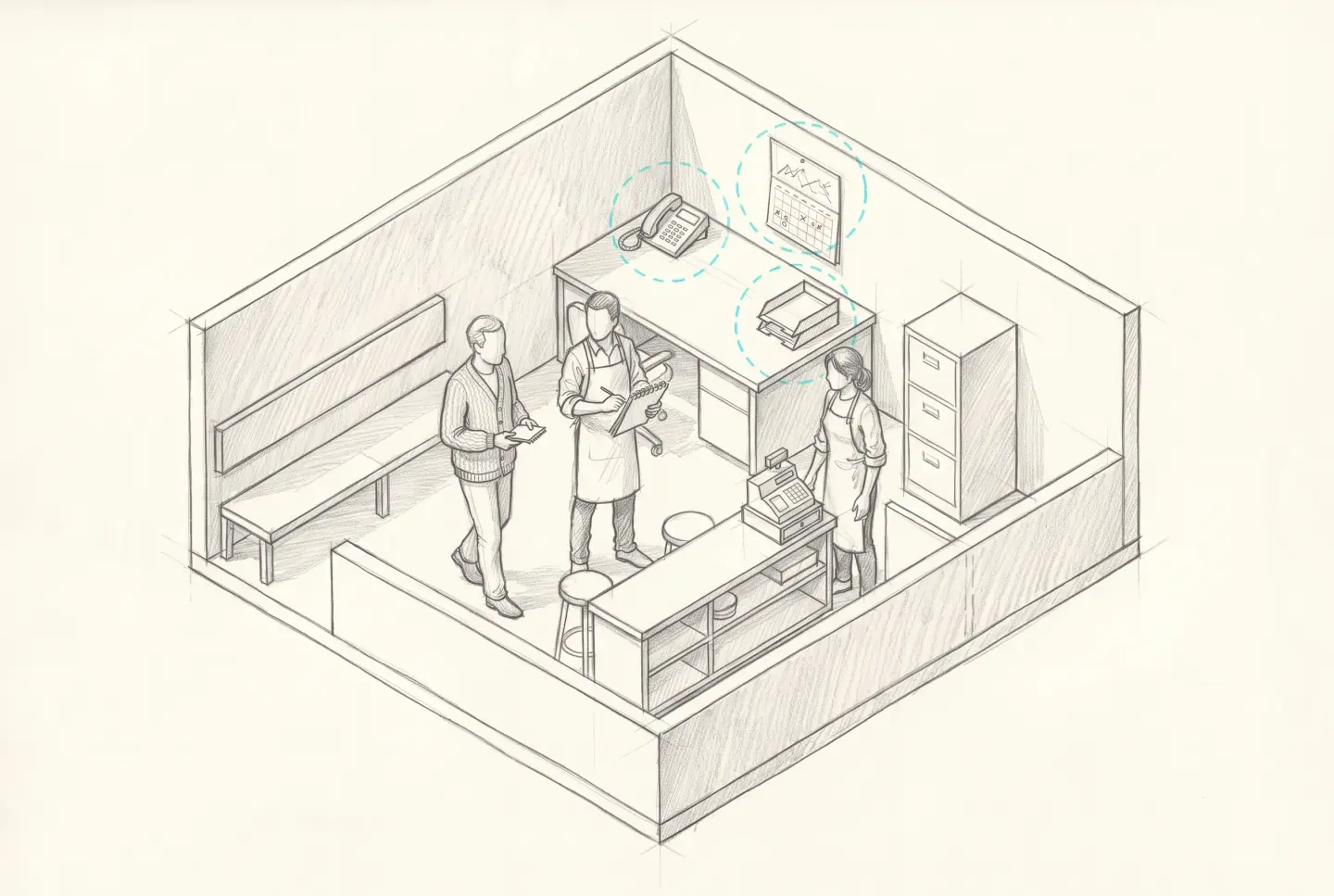 Pencil sketch of the client walking two studio staff through a small shop cut-away, the phone, in-tray and calendar circled in cyan.