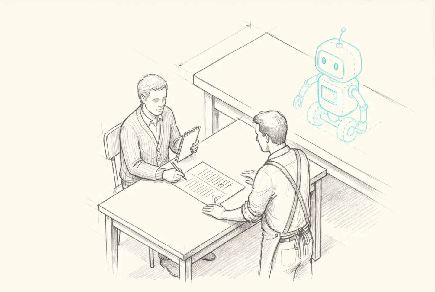Pencil sketch of the client signing the one-page job letter across a desk from a studio member, the robot still a cyan dashed outline on the bench behind.