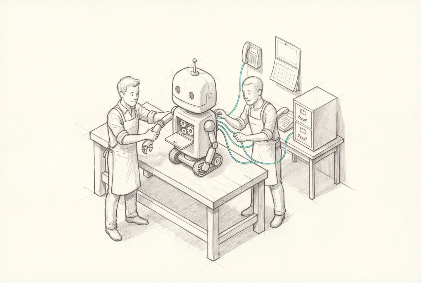 Pencil sketch of two studio members assembling the robot on a workbench, its chest open, cyan cables running to a phone, a calendar and a filing cabinet.