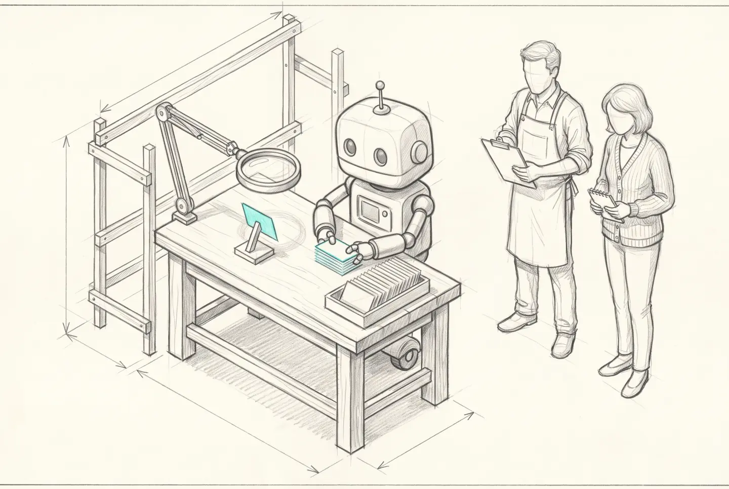 Pencil sketch of the finished robot at a bench sorting cards, one cyan card set aside under a magnifying glass, a studio member with a clipboard and the client looking on.