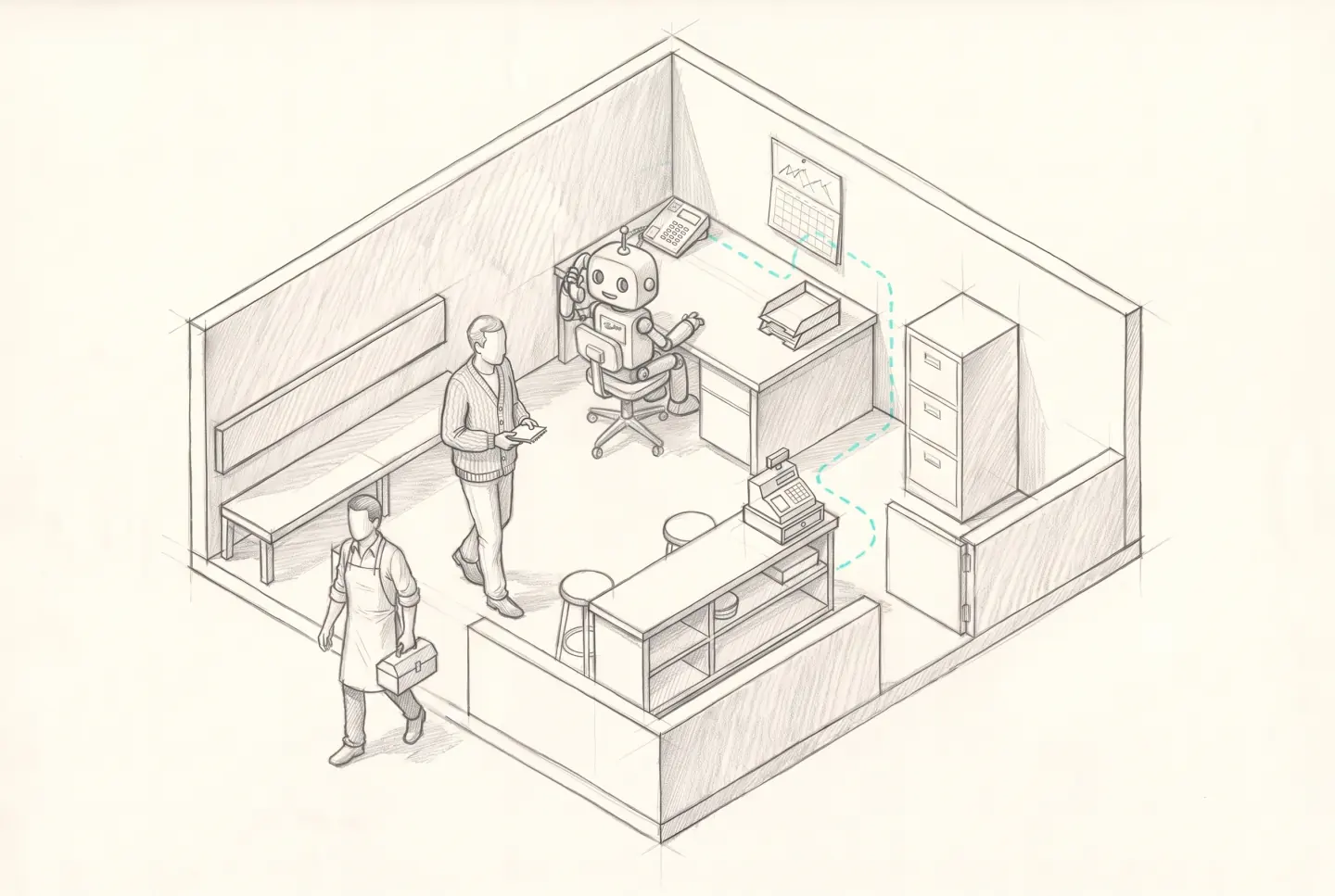 Pencil sketch of the shop with the robot on the phone at the back-office desk, a cyan dashed line to the counter where the client stands, a studio member leaving with a toolbox.