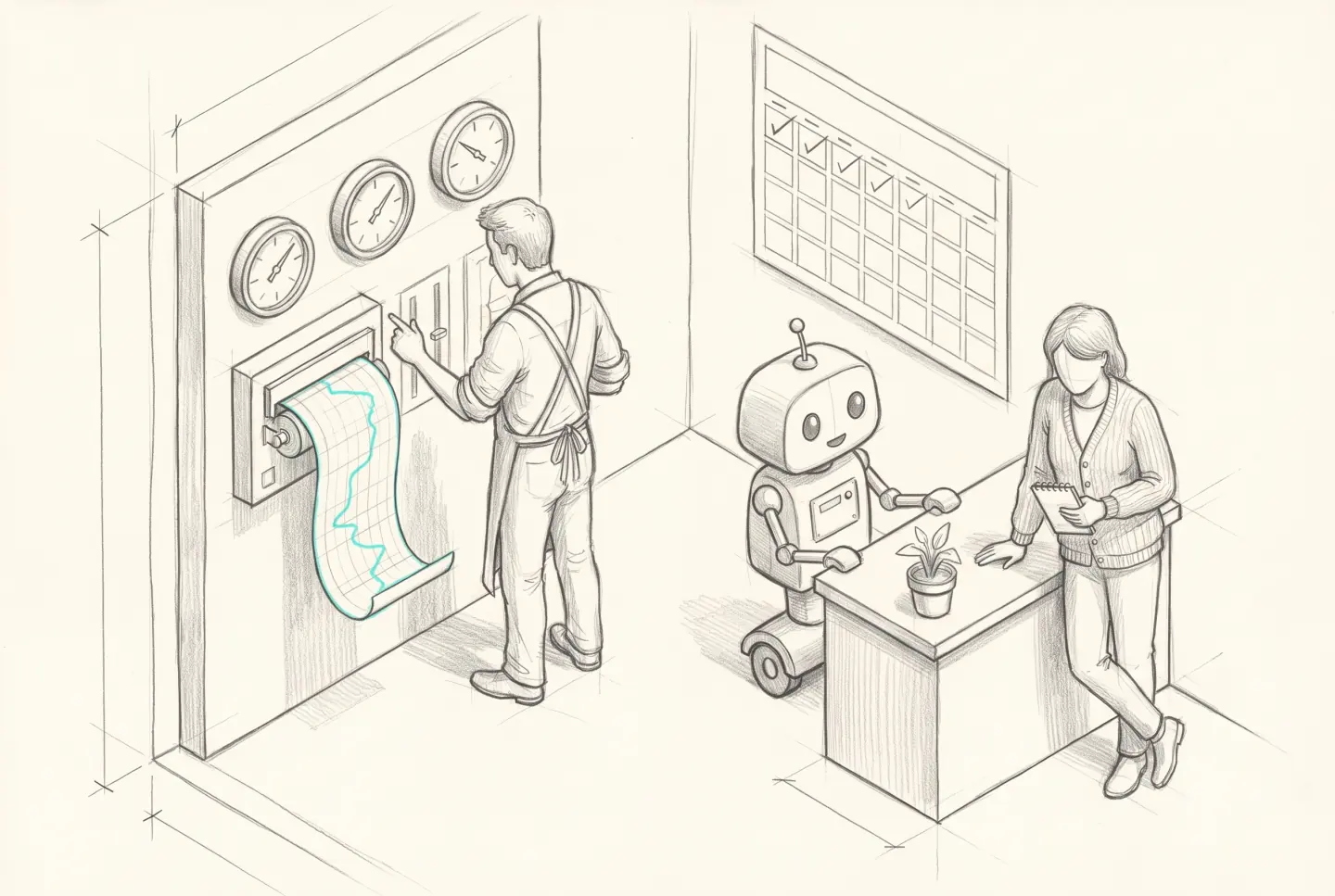 Pencil sketch of a studio member at a wall of gauges with a chart recorder tracing in cyan, the robot at its desk with a plant, the client at the counter, a calendar with the first week ticked.