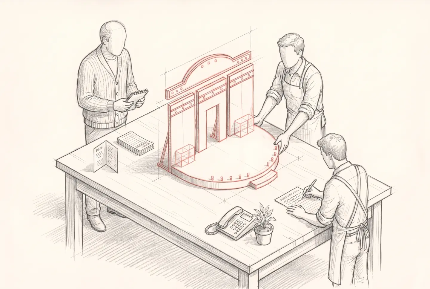 Pencil sketch of the client and two studio members around a worktable covered with the client's things, a small coral maquette of the stage set being placed in the middle.