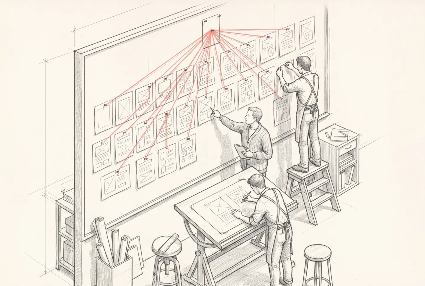 Pencil sketch of a pin-board wall of page wireframes joined by coral strings to one sheet at the top, the client pointing at one while studio members pin up and redraw others.