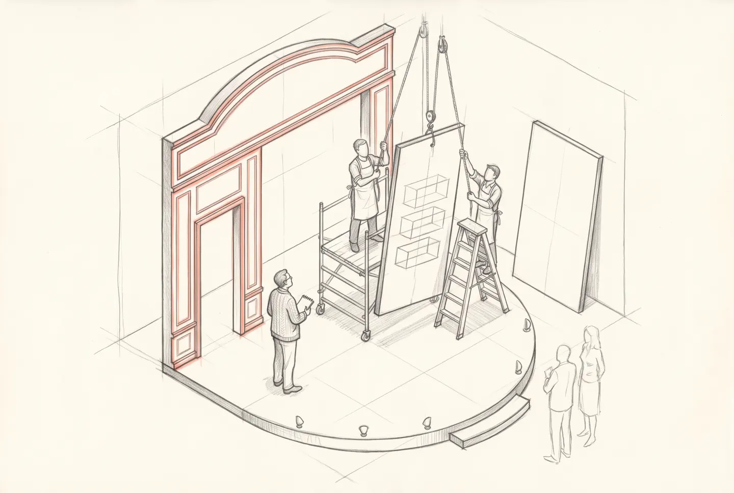Pencil sketch of the stage set half built: the arch and first panel finished in coral, two studio members hoisting the second panel by rope, the client watching from the platform.