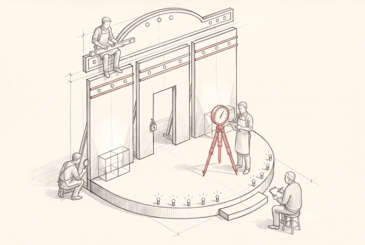 Pencil sketch of the finished stage set under test: a level on the arch, a coral dial gauge on a surveyor's tripod, a magnifying glass at a panel's foot, the client on a stool.