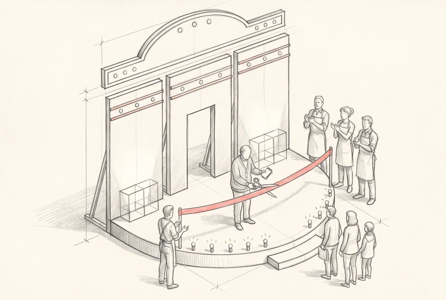 Pencil sketch of opening night: the stage set lit by footlights, the client cutting a coral ribbon across the platform, studio members applauding, visitors arriving at the step.