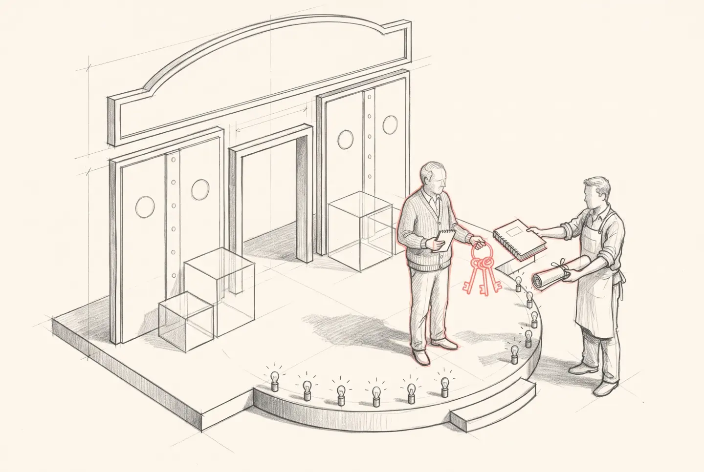 Pencil sketch of the client holding up three coral keys at the platform's edge, a studio member offering the rolled drawings and another the manual, the lit stage set behind.